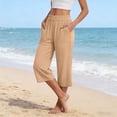 thumbnail image 3 of Pounoo Capri Pants Women High Elastic Waist Solid Color Drawstring Closure Wide Fit Bottoms Summer Casual Style Airy Breathable Trousers, 3 of 9