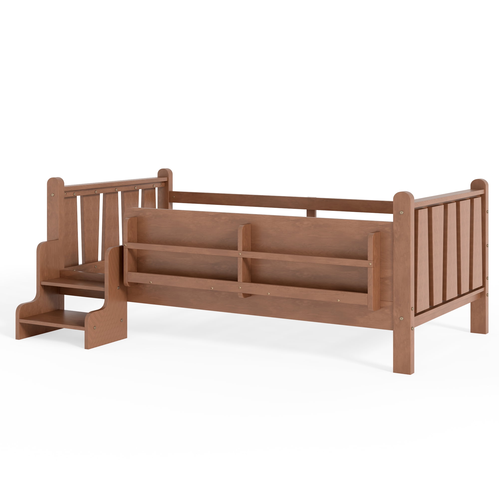 Miniyam Twin Size Kids Floor Bed with Guardrails and Bookshelves, Pine Wood & MDF Frame, Easy Access Step Ladder, Walnut