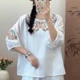 thumbnail image 2 of Tops de Cuello en V para las Mujeres de Moda Retro Bordado Blusa de Manga Corta, Imitación Algodón Tirar Marco para el Verano Casual Y el Uso de Vacaciones, 2 of 3
