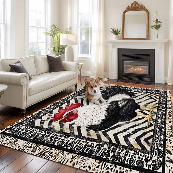 6'x9' Area Rugs, Black White Vintage Rooster Indoor Outdoor Area Rug for Living Room Bedroom, Boho Pastoral Animals Washable Bathroom Rugs Kitchen Floor Carpet Mats Home Decor Aesthetic