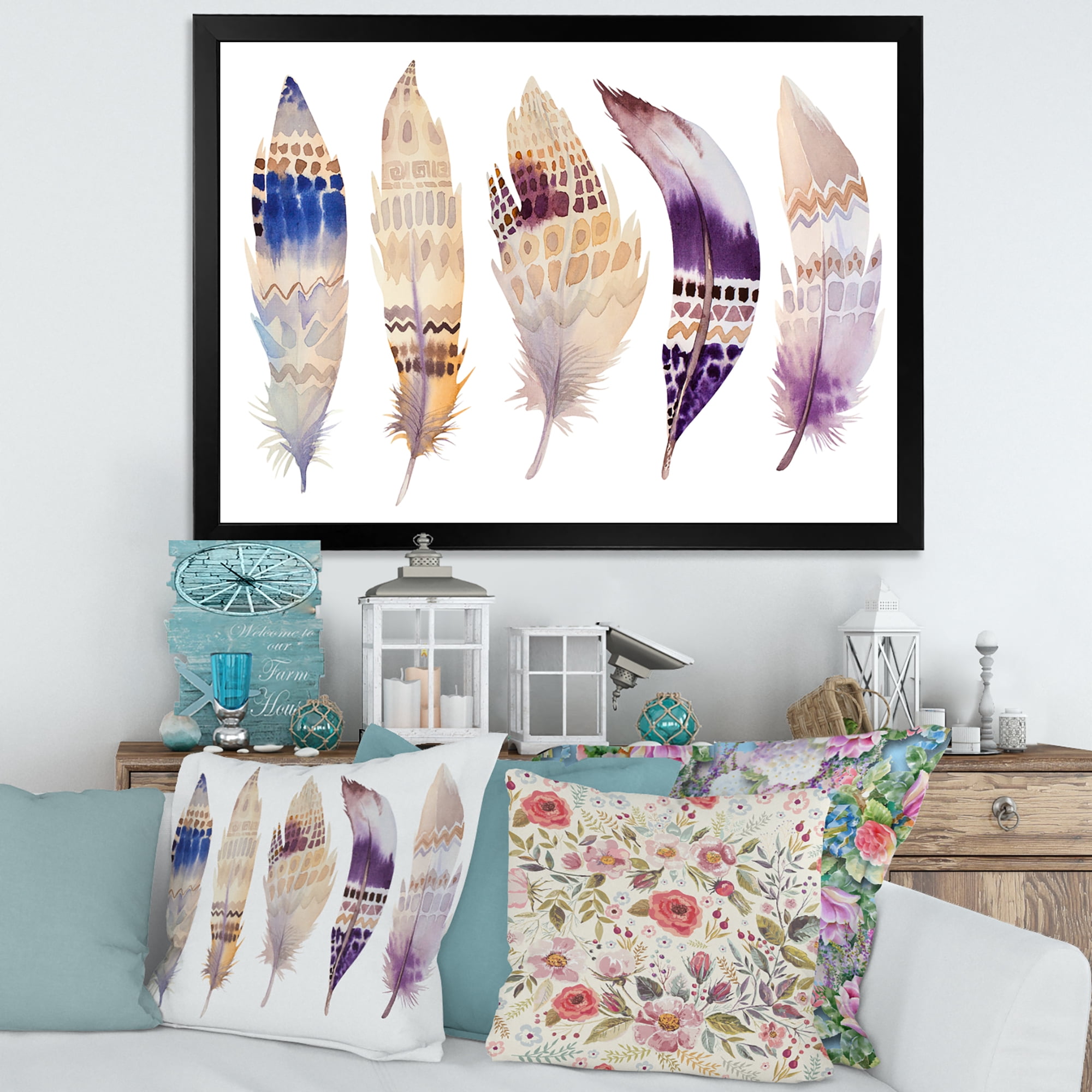 Designart 'Ethnic Purple Boho Art Feathers' Bohemian & Eclectic Framed Art Print