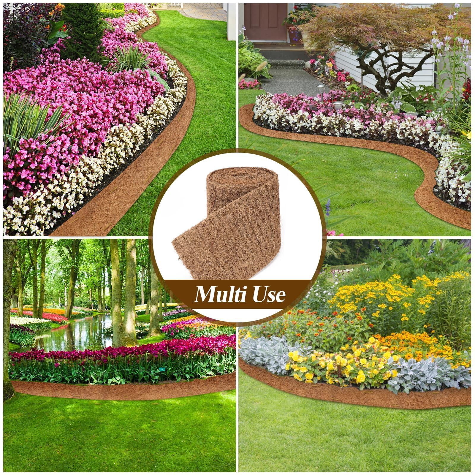 Natural Mulch for Landscaping 120" X 6.3", Coconut Fiber Mulch Mat Roll with 16 U-Shaped Steel Stakes, Garden Edging Border Mat Natural Looking Permanent Mulch Barrier for Plants Vegetables & Flowers