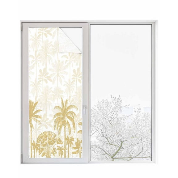 Window Privacy Film Palm Trees Stained Glass Window Film Decorative Sun Block Window Cover Yellow Tropical Plants Summer Forest Scenery Window Clings Static Adhesive Sticker for Bathroom 29.5"x78.7"
