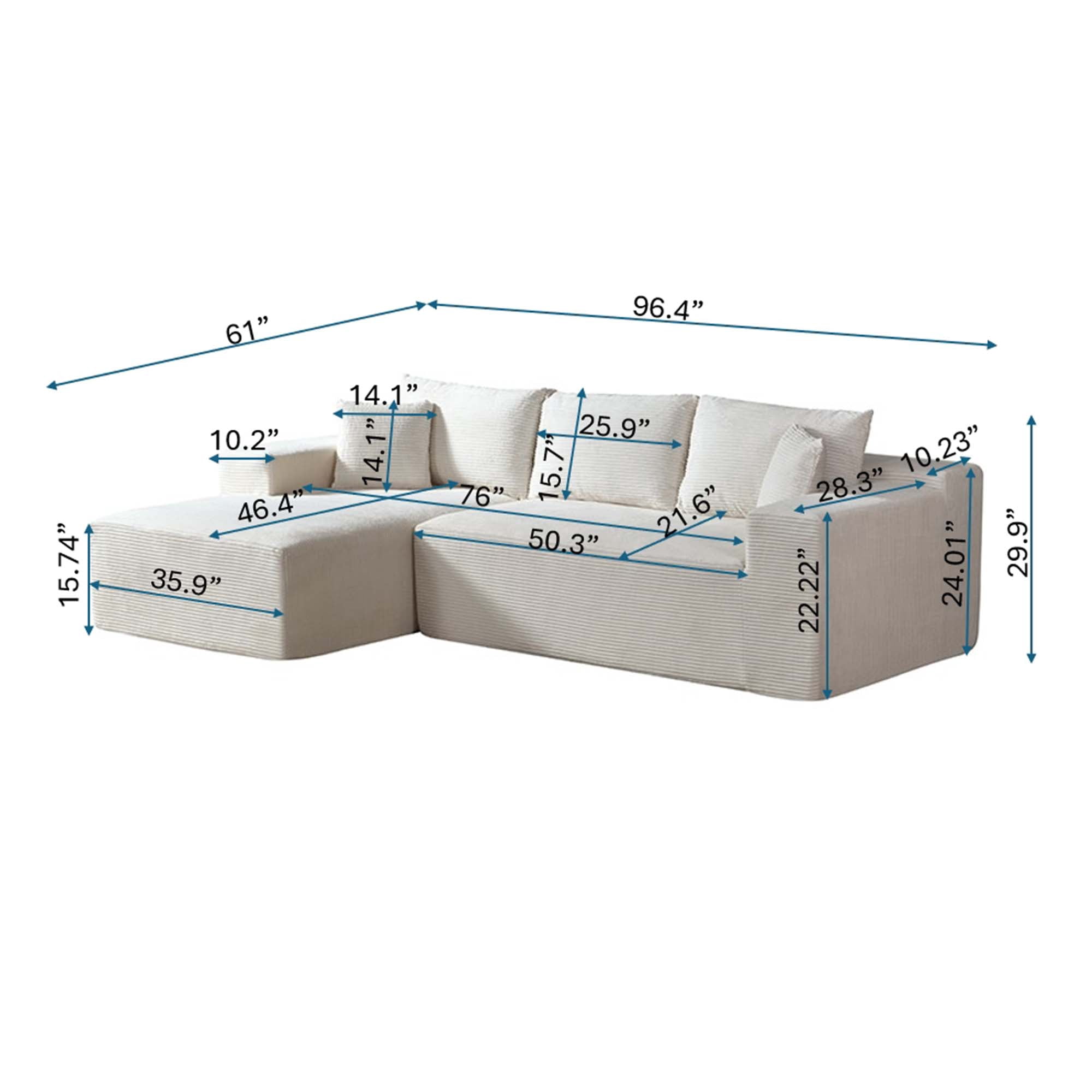 Miniyam 96" x 61" Convertible Corduroy L-Shaped Sofa with Chaise, 3-Seater Modular Sectional Compressed Couch with Pillows for Living Room, Dark Grey (Left Facing)