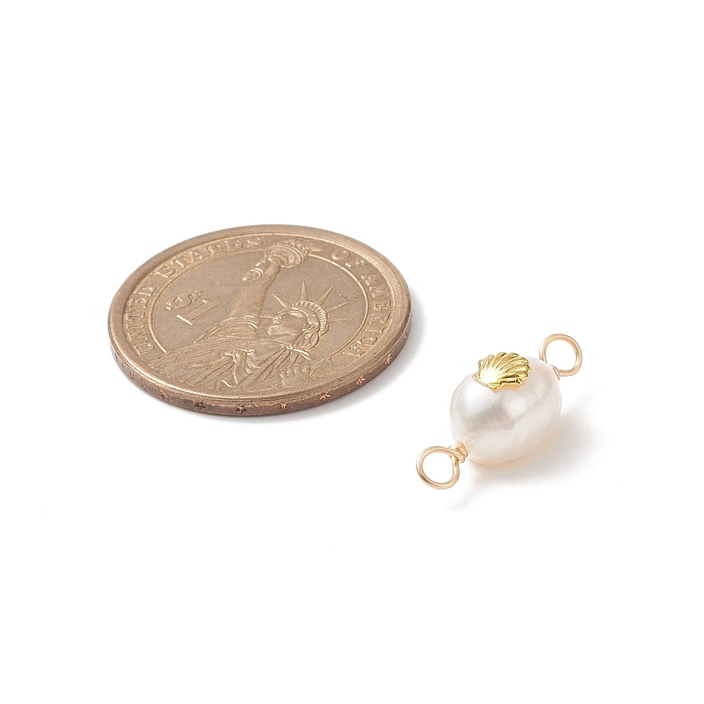50pcs Grade AA Cultured Freshwater Pearl Connector with Golden Tone Alloy Slices Two Sides Polished with Copper Wire Double Loops Shell Pattern 20~21x8~9x6~8mm Hole: 2.5mm