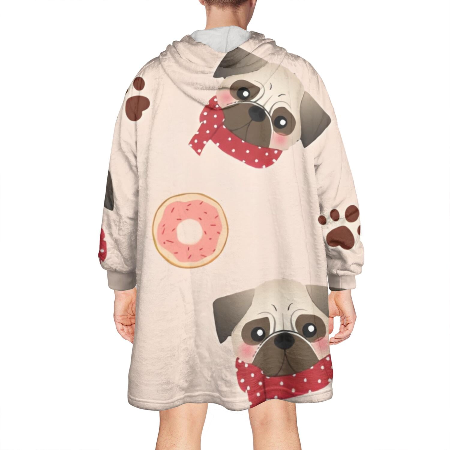 Pug and Donut Wearable Oversized Blanket,Wearable Blanket Hoodie for Adults,Cozy Hooded Blankets with Super Pockets,Super Warm Fuzzy Pullover for Women & Men