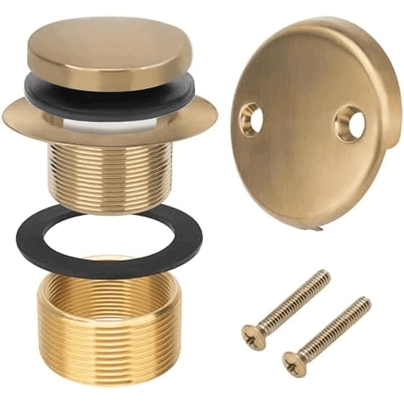 Tip-Toe Champagne Bronze Tub Drain with Two-Hole Overflow Faceplate - 11.5/16 UNC - No Putty Install - Replacement Bathtub Drain Trim Set with Universal Fine/Coarse Thread - Tub Drain Stopper