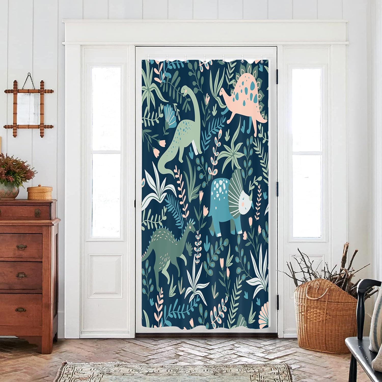 Kids Shower Curtains,Funny Dinosaur Shower Curtains, Cute Dinosaur for Boys Girls, Green Plant Leaf Flowers Colorful Bathroom Decor with Hooks Waterproof Fabric Polyester Bathtub Decorative