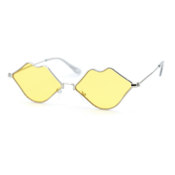 Womens Lip Shape Metal Rim Hippie Sunglasses Silver Yellow