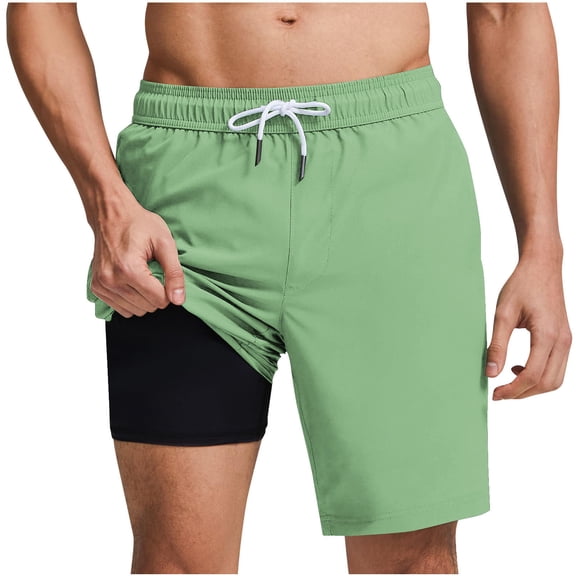 Hurxie Men's 2 in 1 Athletic Running Shorts Quick Dry 5 Inch Lightweight Workout Gym Shorts with Liner and Pockets Green,S