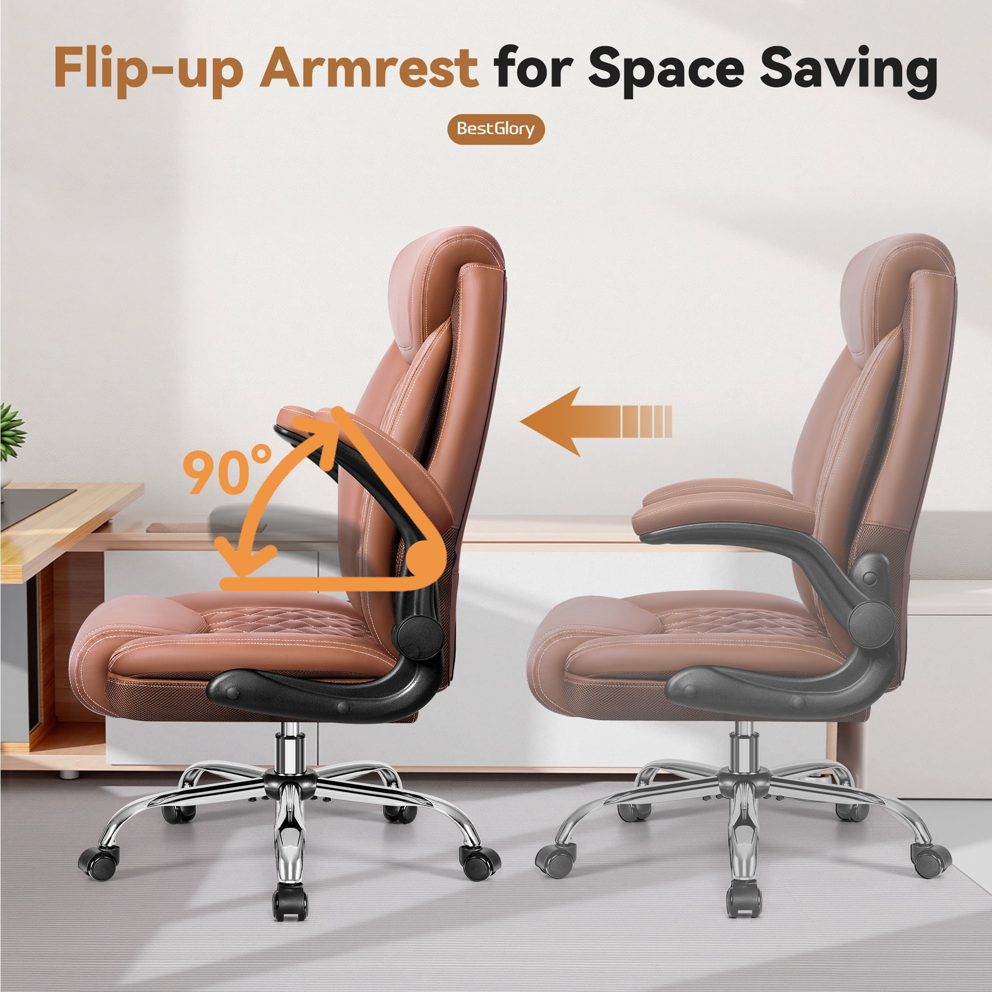 FASTES Ergonomic Office Chair, Desk Chair with High Back Flip-up Armrests Big and Tall Gaming Leather Chair with Rocking Function 2 Reclining Position,Brown