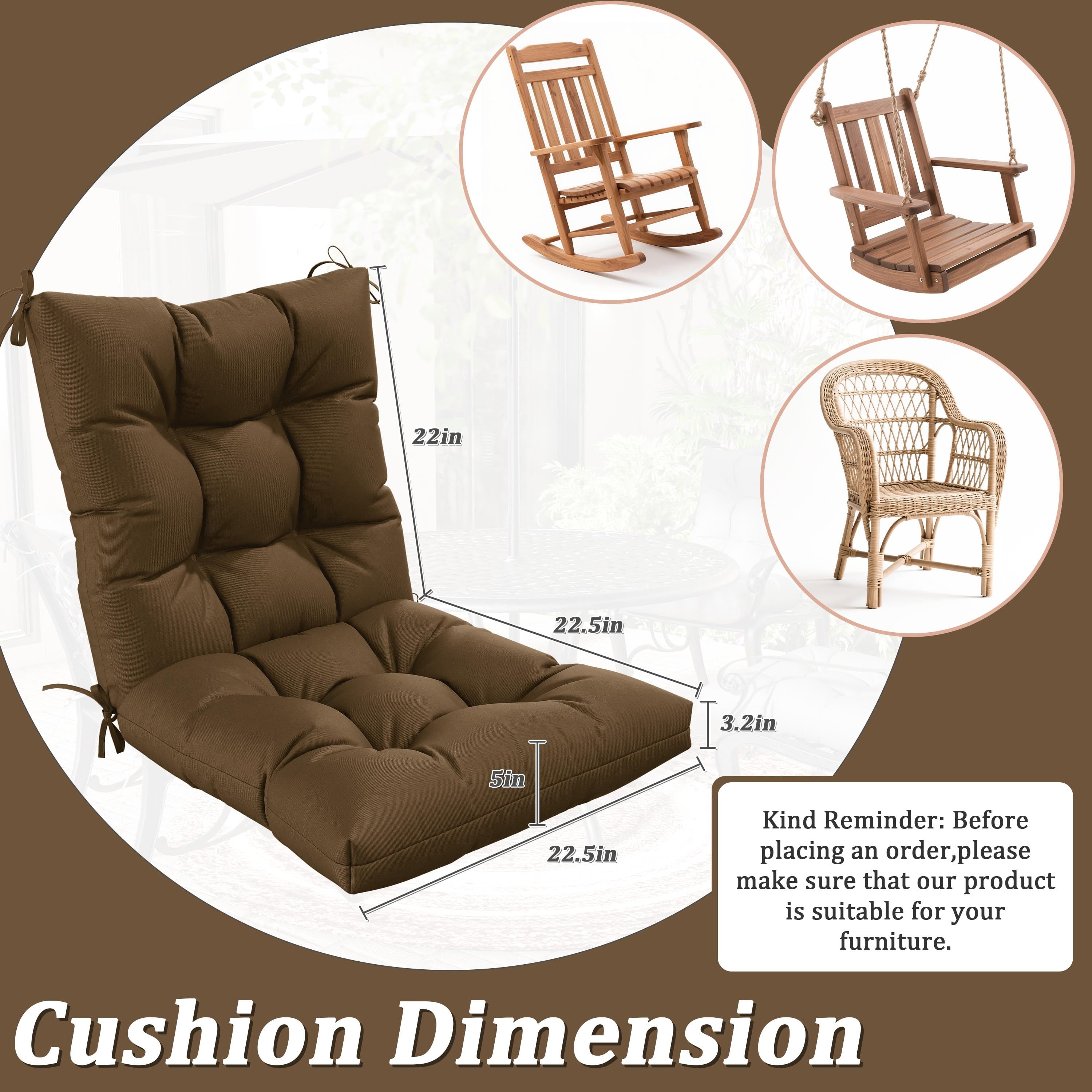 Snubbull Swing Cushions Set of 2, 42" × 21" × 5" Waterproof Rocking Chair Cushions with Ties for Outdoor Indoor Single Seat Cushions, Chocolate