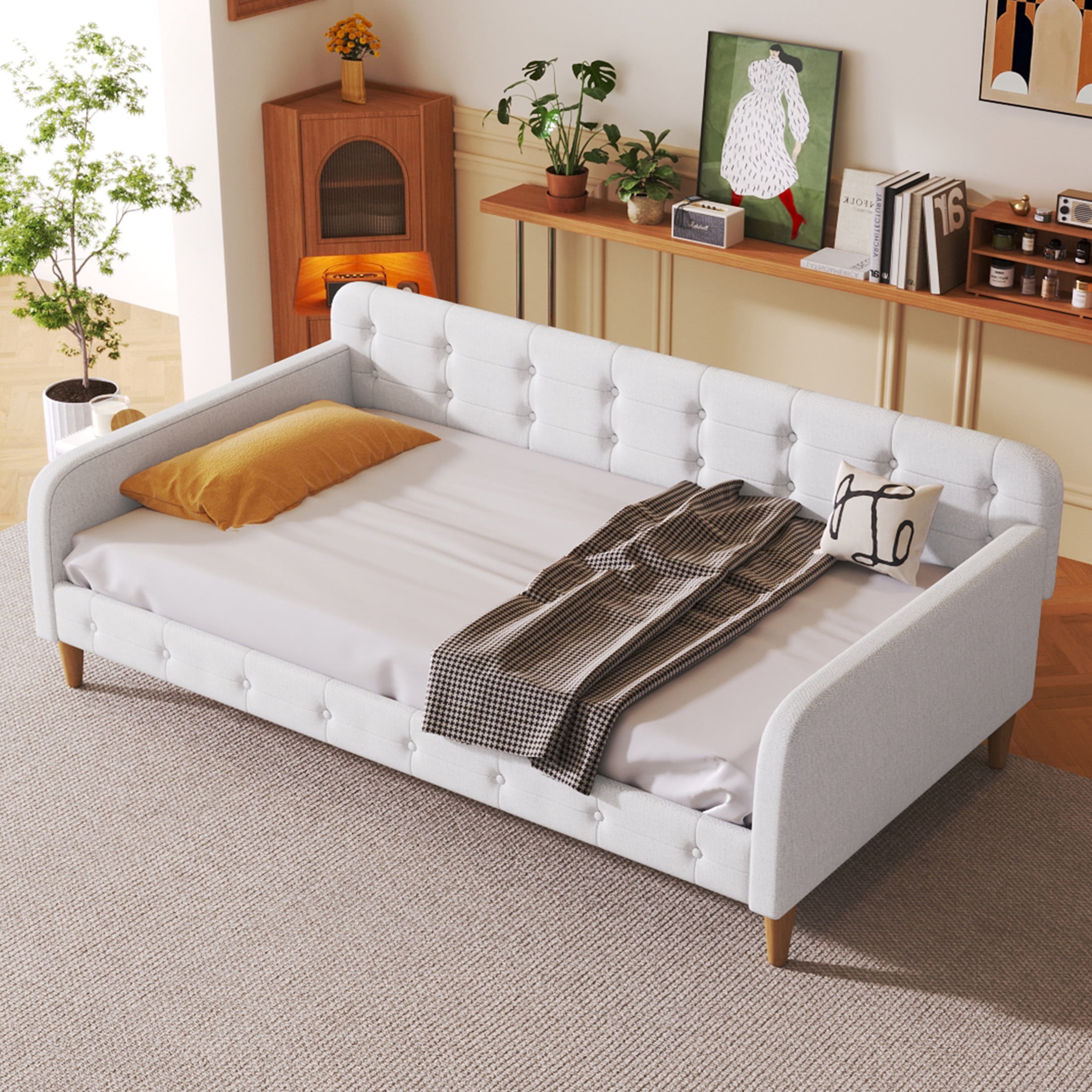 Noble House Havina Twin Upholstered Daybed, Button Tufted Linen Sofa Guest Bed with Slat Support Frame, Beige