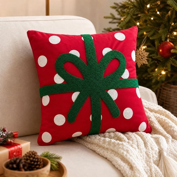Talqzovs Embroidered Christmas Throw Pillow , Christmas Bow Pillow 18x18 Christmas Decorations for Sofa Couch Bed Xmas Home Decoration