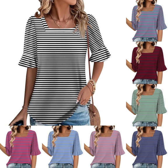 YHAJDS Short Sleeve Tops for Women Neck 3/4 Sleeve Casual Blouse Striped Print With Lace