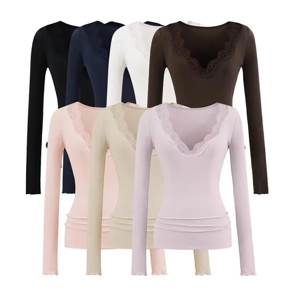 QATAINLAV Beige Deep V Neck Lace Patchwork Blouse for Women Dressy Slim Fitted Long Sleeve Tops Casual Layer Tee Shirts