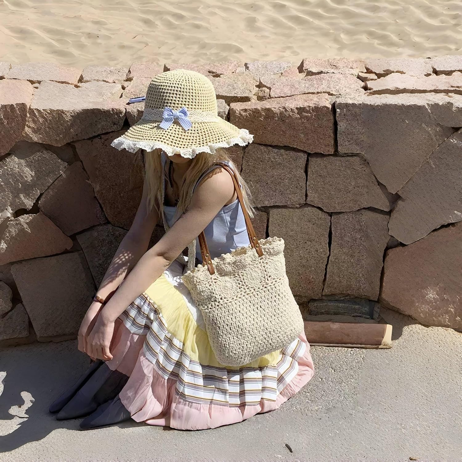Crochet Tote Bag Handwoven Cotton Beach Shoulder Bag with Linen Lining Hobo Summer Vacation Purse for Women (Off-White)