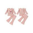 thumbnail image 3 of Aojekbee Little Girls Birthday Outfit Sets Flying Sleeve Letter Embroidery Tops Solid Color Flared Pants Sets, 3 of 10