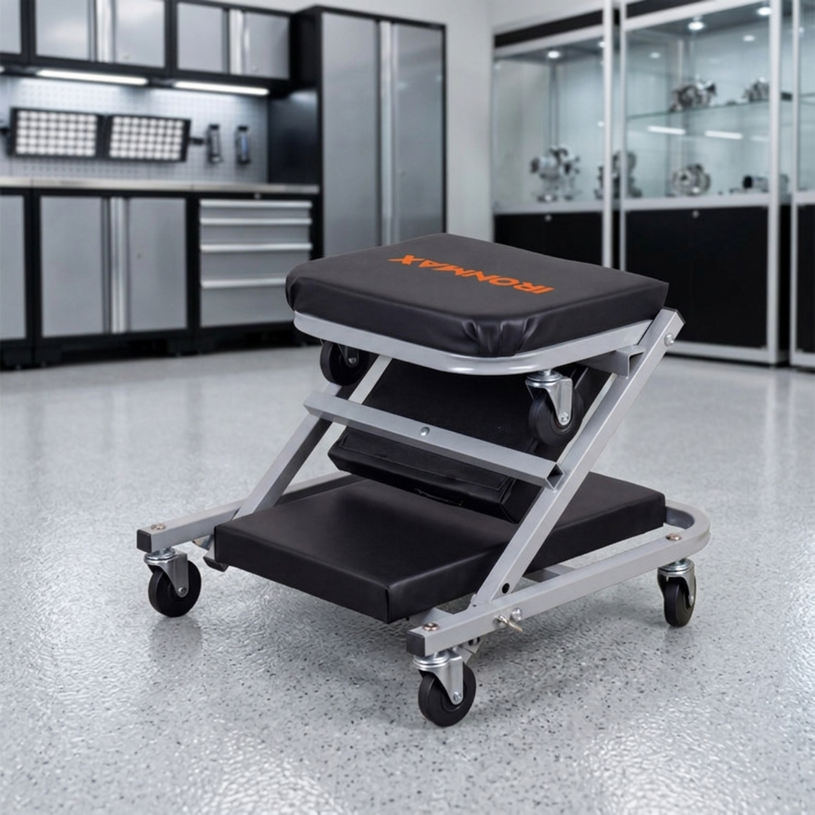 Biotree 36" 2-in-1 Mechanic Creeper and Z-Seat 330 LBS, Rolling Auto Repair Creeper with 6 Swivel Casters and Faux Leather Padding, Black and Gray