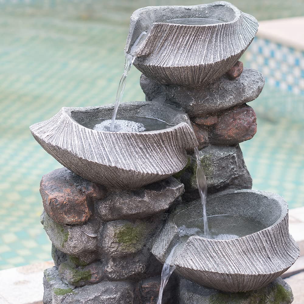 A&B Home 4-Tier Cascading Rock Bowl Water Fountain Outdoor with Lights, 32" in Tall