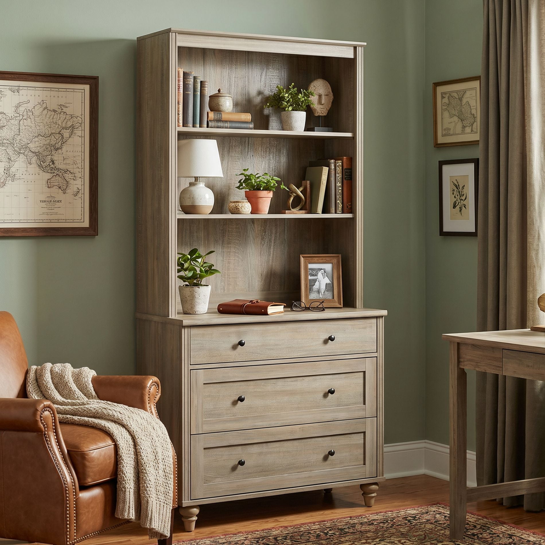 Farmhouse 5 Tier Bookcase With 3 Drawers, Wash Gray, 33.9" W