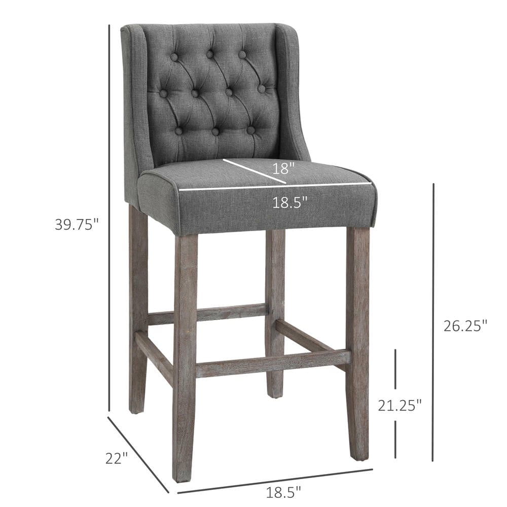 Resenkos 26.25" Counter Height Bar Stools, Tufted Wingback Armless Upholstered Dining Chair with Rubber Wood Legs, Set of 2, Gray