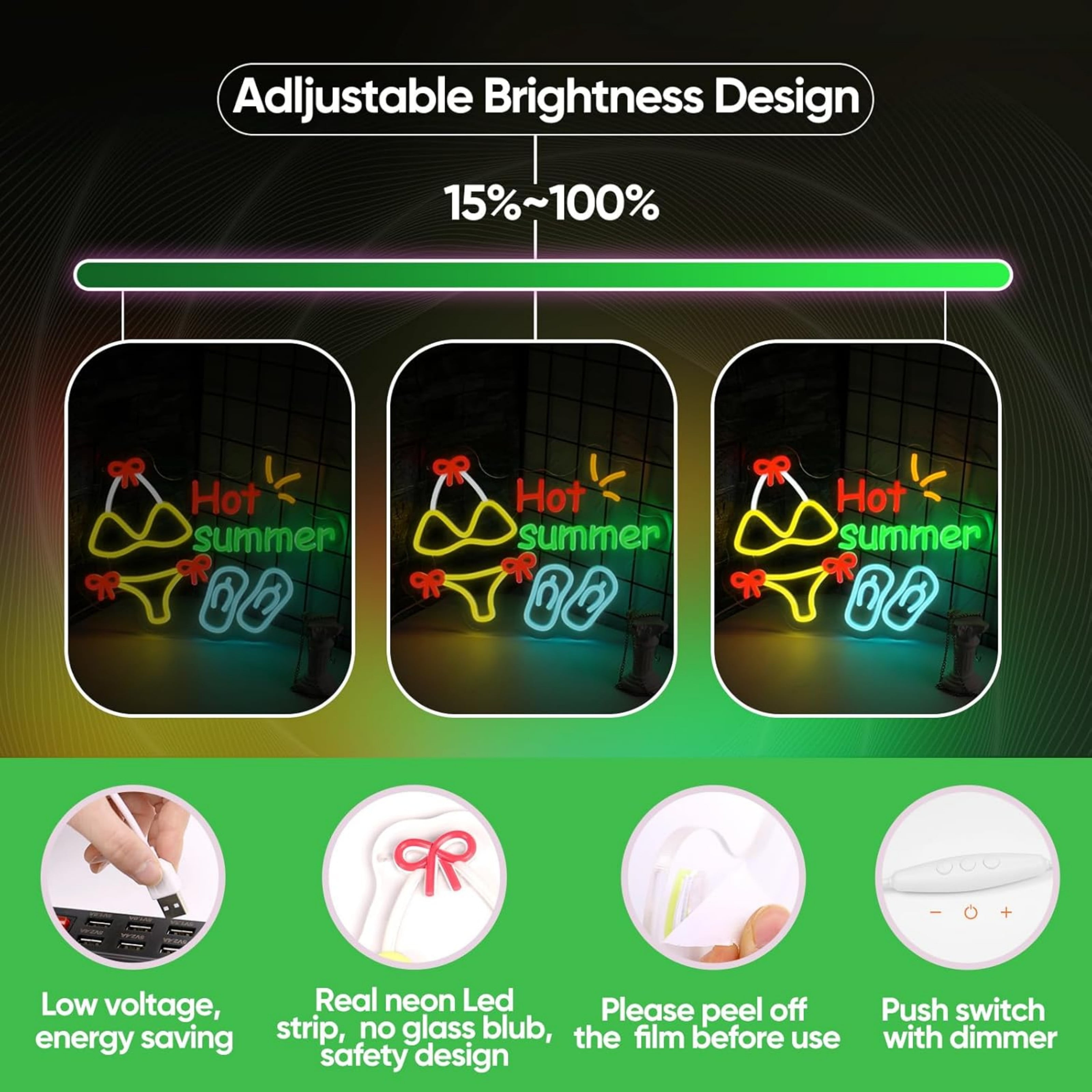 UPONRAY Hot Summer Neon Signs, 15.7"*11.4" Dimmable & USB-Powered LED Neon Light, Stylish Wall Decor for Home, Beach Bar, Natatorium, Swimming Pool