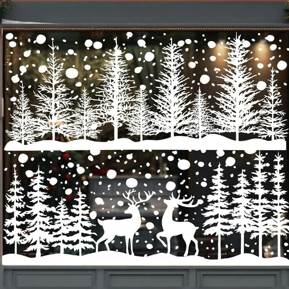 8 Sheets Christmas Window Clings Snowy Christmas Forest Trees Window Decals Double-Sided Winter Window Stickers Decorations for Xmas Holiday Home Party Glass