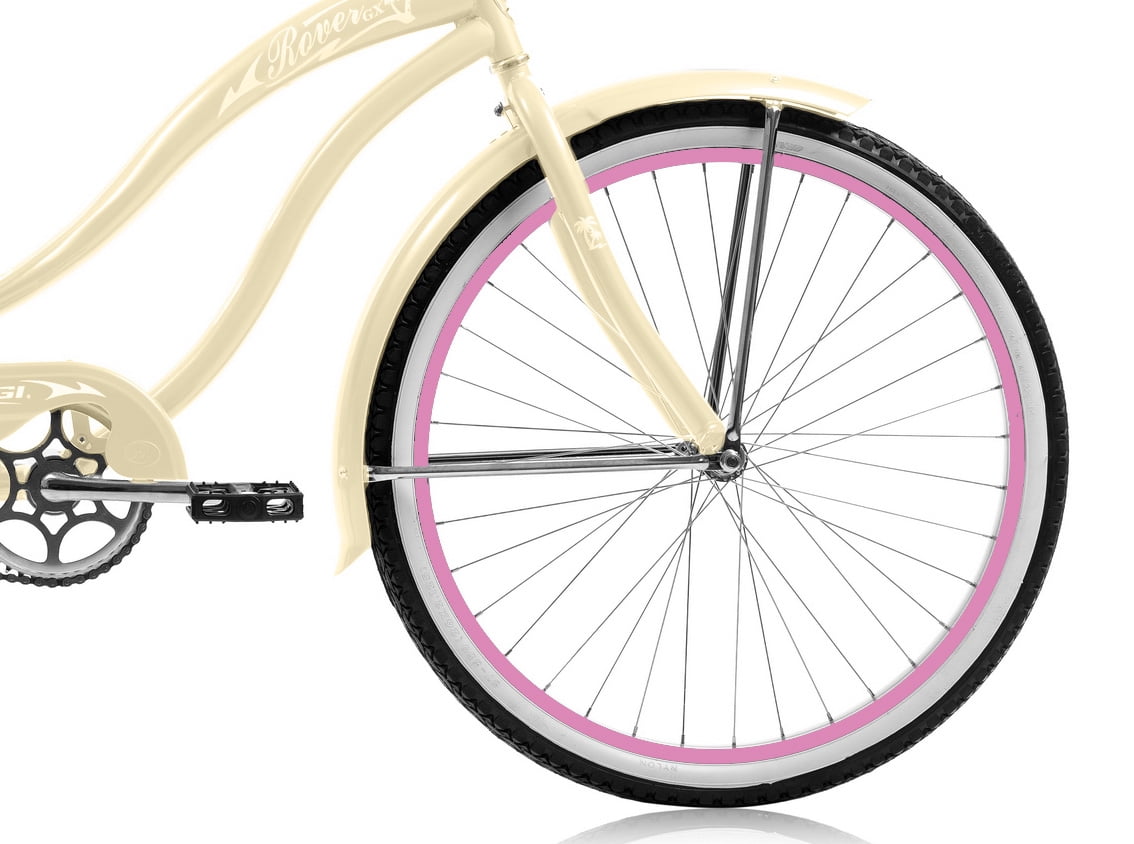 Wonder Wheels 26 In. Beach Cruiser Coaster Brake Single Speed Bicycle, Bike, Stainless Steel Spokes One Piece Crank Alloy Pink Rims 36 H With Fenders - Vanilla & Pink