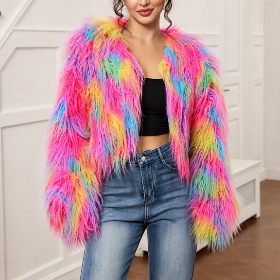 Mutghys Fur Coats for Women Colorful Block Open Front Short Fuzzy Faux Fur Jacket Party Vacation Bar Winter Warm Soft Comfortable Fashion Outerwear,S-3XL