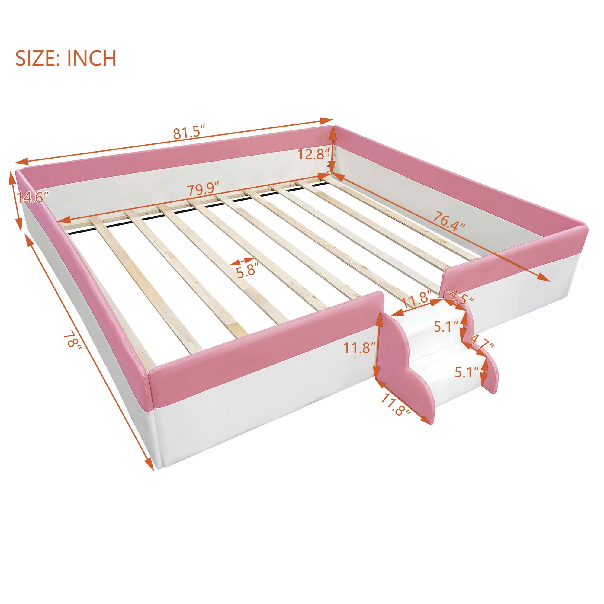 MAYEERTY Upholstered Floor Bed Frame with Fence & Staircase Design, Sturdy Slat Support & Easy Assembly