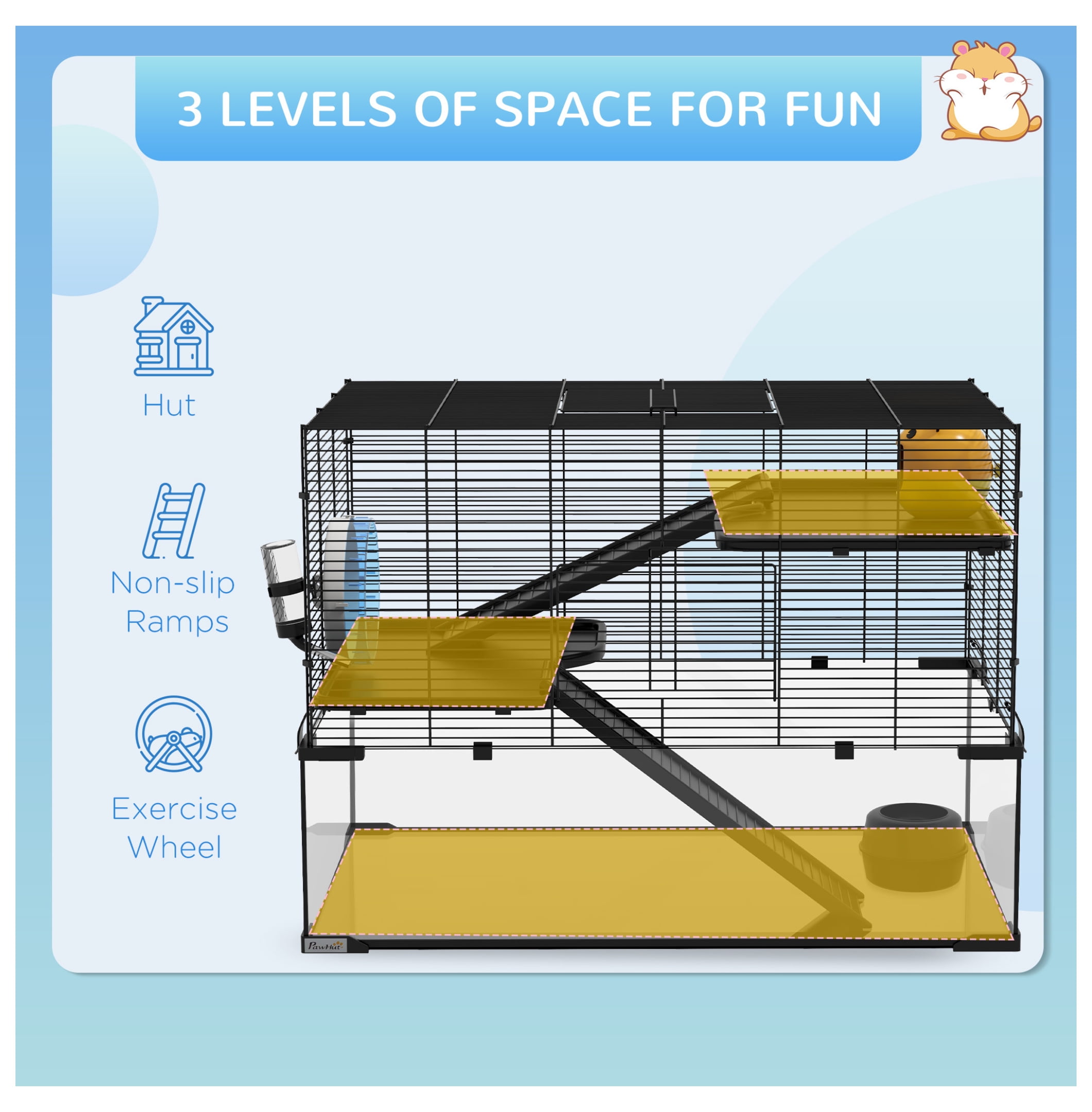 PawHut Hamster Cage, 31" Gerbil Cage with Glass Basin, Ramps, Platforms, Hut, Exercise Wheel, for Small Hamsters, Black