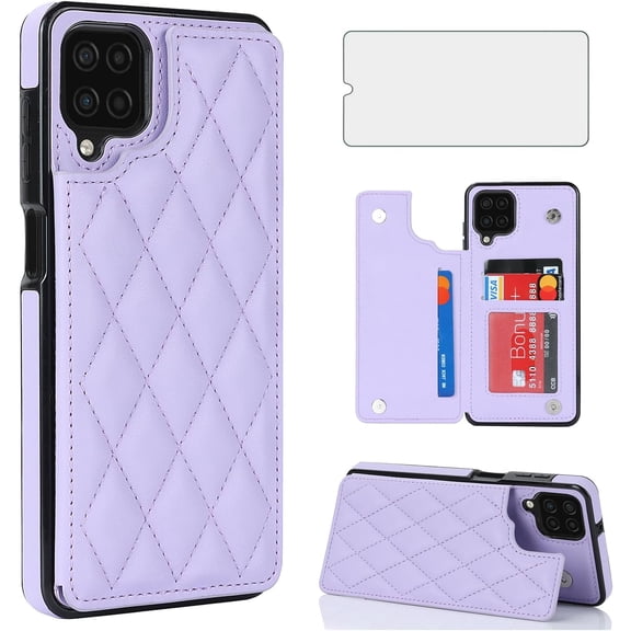 HCTian Phone Case for Samsung Galaxy A12/M12 Wallet Cover with Tempered Glass Screen Protector and Leather RFID Credit Card Holder Stand Cell Accessories A 12 5G A-12 S12 12A 4G Women Men