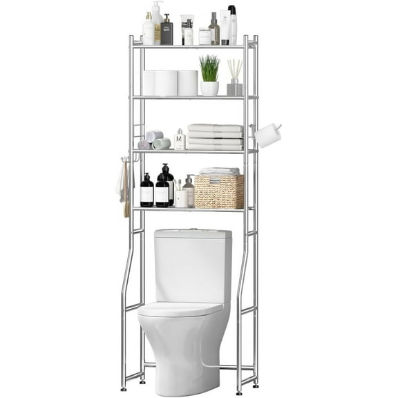 4-Tier Over The Toilet Rack, Shelf Bathroom, Bathroom Storage Organizer with 4 Hooks and Holder Spcae Saver, Chrome