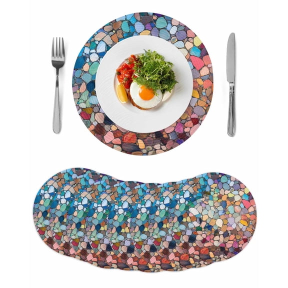 Colorful Stone Round 15 Inch Placemats Set of 8, Rainbow Abstract Oil Painting Brushwork HeatResistant Non Slip Place Mats for Dining Table, Wipeable Braided Kitchen Table Mats for Housewarming