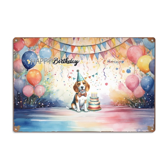 Happy Birthday to Beagle Kitten Party Balloons Cake Horizontal Metal Aluminum Sign Beagles Dog Lover Gifts Idea Wall Art Home Decor - 00027