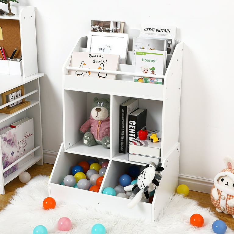 Timy 51.9 Toy Storage Organizer with 2 Drawers, Wooden Toy Organizer Bins,  Kids Bookshelf for Reading, Storing, Playing, White