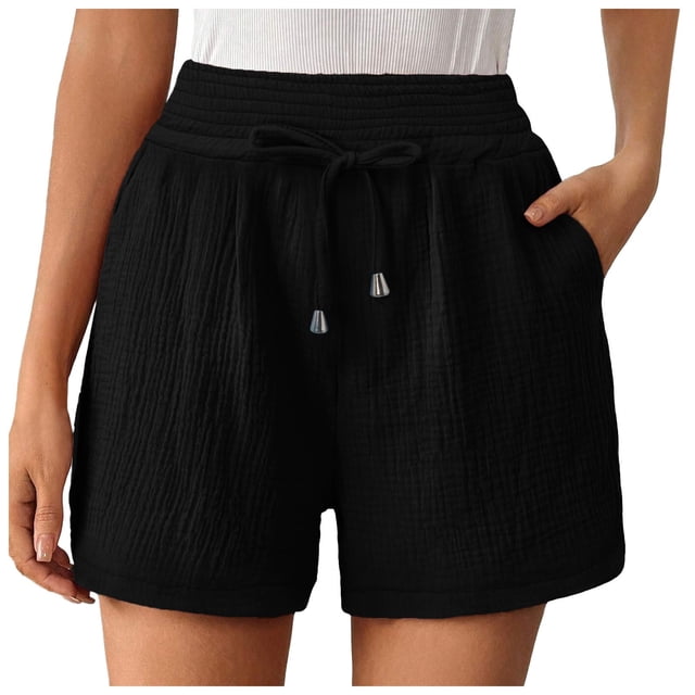 Timegard Wide Leg Shorts for Women Elastic High Waisted Drawstring Stretch Casual Shorts with Pockets