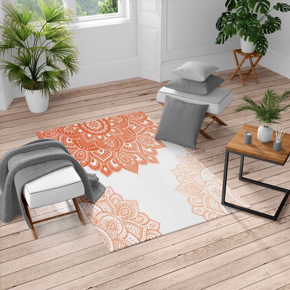 Flora Turkish Area Rug, South Mandala Design Vibrant Color Ornamental Illustration, Soft Carpet for Living Room Decor with Distressed Look, 2.6' x 5', Burnt Sienna, by Ambesonne