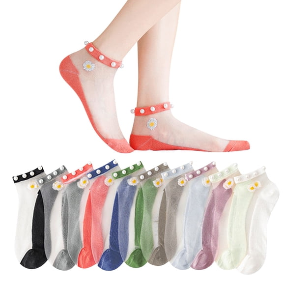 10PCS No Show Socks for Women Low Cut Casual Cute Little Flower Mesh Splice Beaded Breathable Short Socks Ankle Socks Multicolor One Size