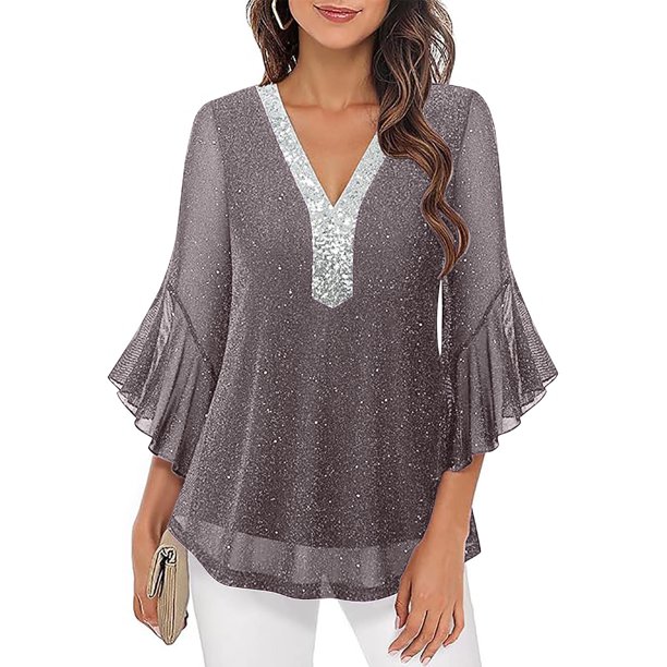 Ounisa Women's Ruffle 3/4 Sleeve Sparkly Tops Sequin V Neck Blouses Dressy Fall Shirts