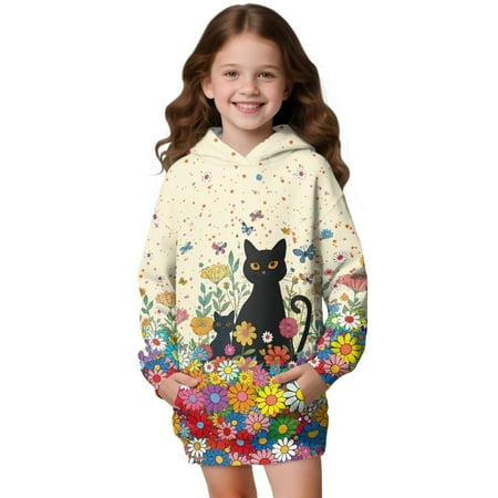 Psesaysky Girls Hoodies Sweatshirts Black Cat Floral Print Long Sleeve Casual Lightweight Pullover Tops Hoodie Dress with Pockets for 13-14 Years