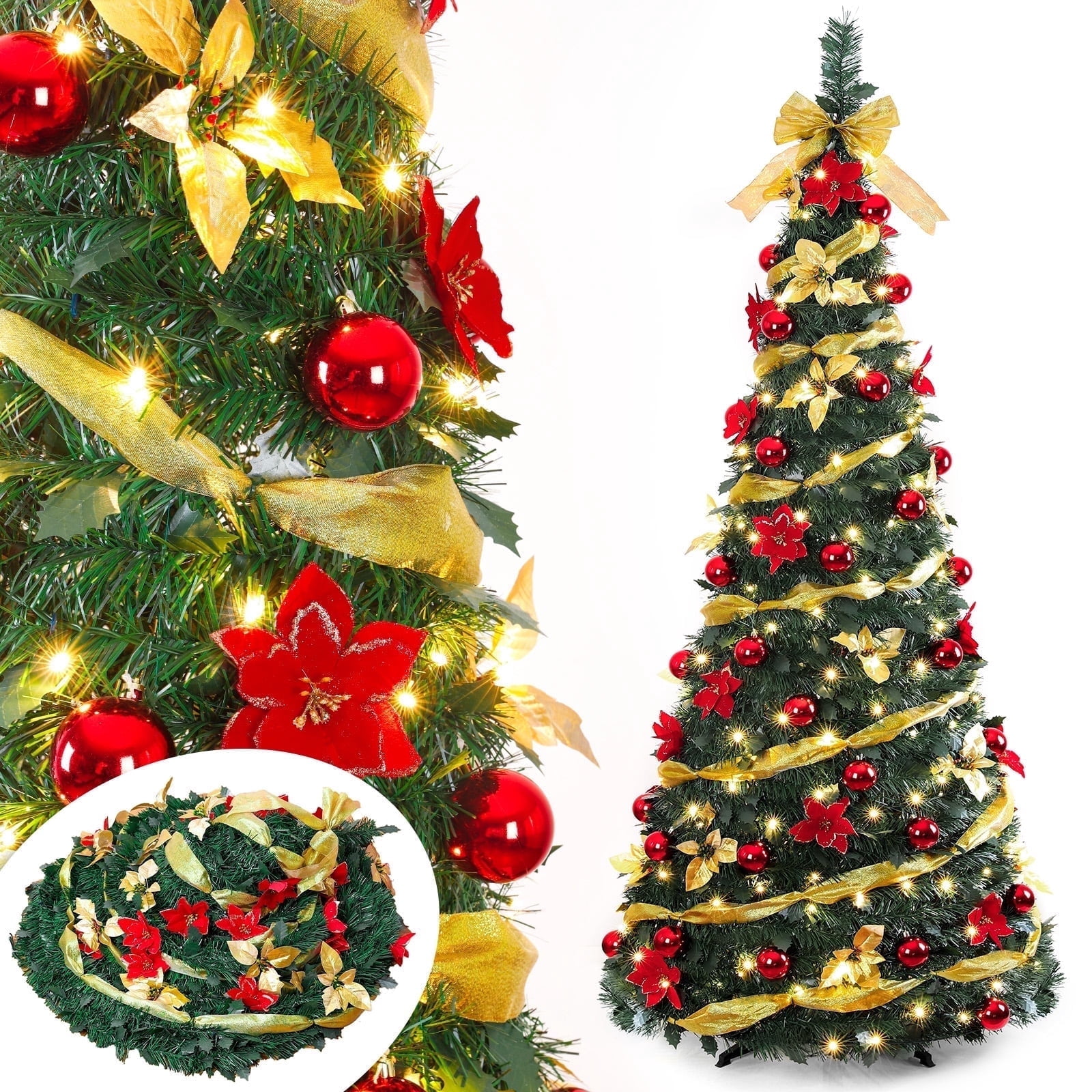 6ft Pre-Lit & Pre-Decorated Pop Up Christmas Tree - Red & Gold Theme, Easy Pull-Up Assembly