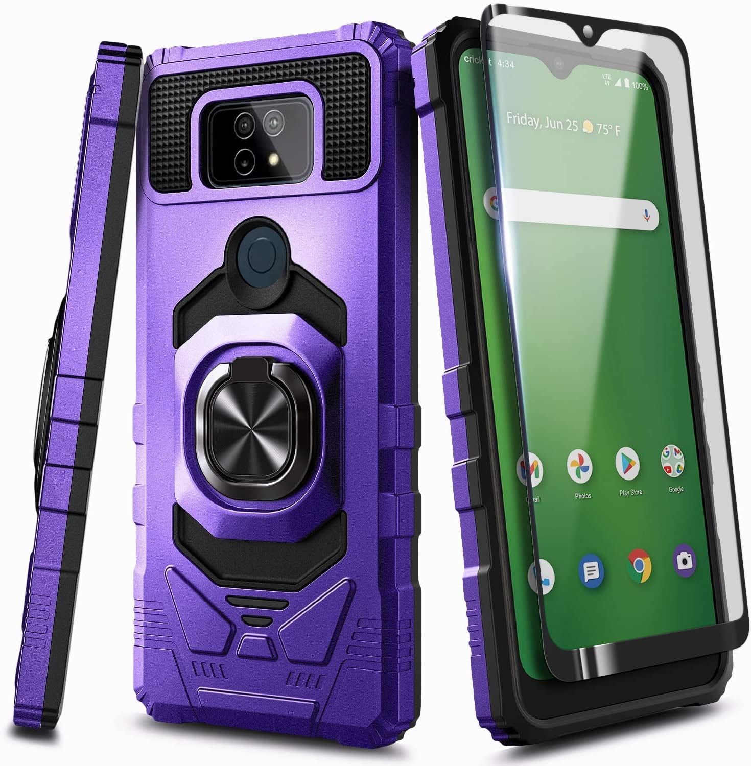 Cricket Ovation 2 / AT&T Maestro Max (2021) Phone Case with Tempered Glass Screen Protector (Full Coverage), Nagebee Full-Body [Military-Grade] Magnetic Car Mount Ring Holder, Heavy-Duty Case (Purple)