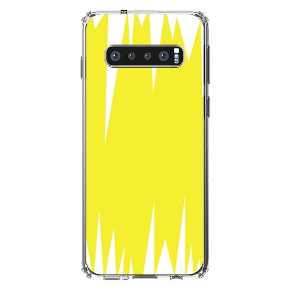 DistinctInk Clear Shockproof Hybrid Case for Samsung Galaxy S10 (6.1" Screen) - TPU Bumper, Acrylic Back, Tempered Glass Screen Protector - Yellow White Spikes
