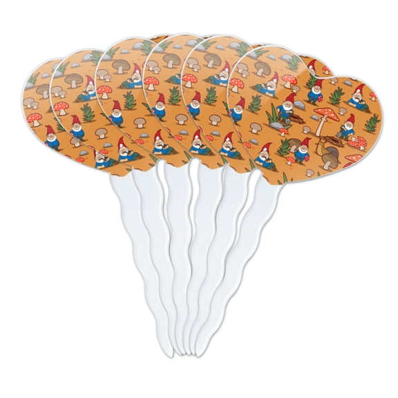 Gnomes Toadstools and Mushrooms Pattern Heart Love Cupcake Picks Toppers Decoration Set of 6