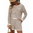 thumbnail image 2 of 2 Piece Sets for Women Summer Cute Stripe Long Sleeve Knit T Shirts Shorts Matching Lounge Set Khaki S, 2 of 8