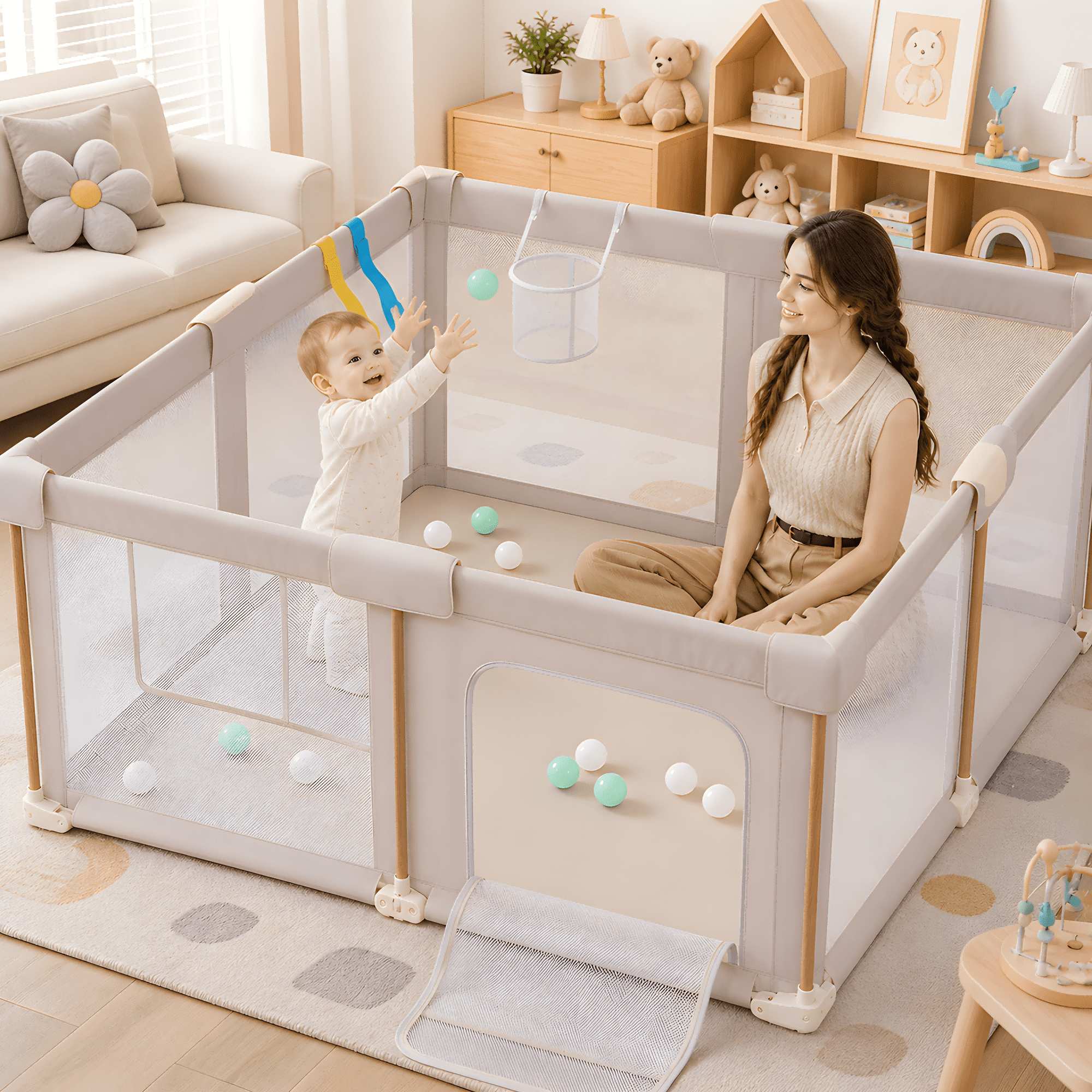 suihuooo 51''×59'' Foldable Baby Playpen with 50 Ocean Balls,Collapsible Play Pen for Infants and Toddlers,Khaki