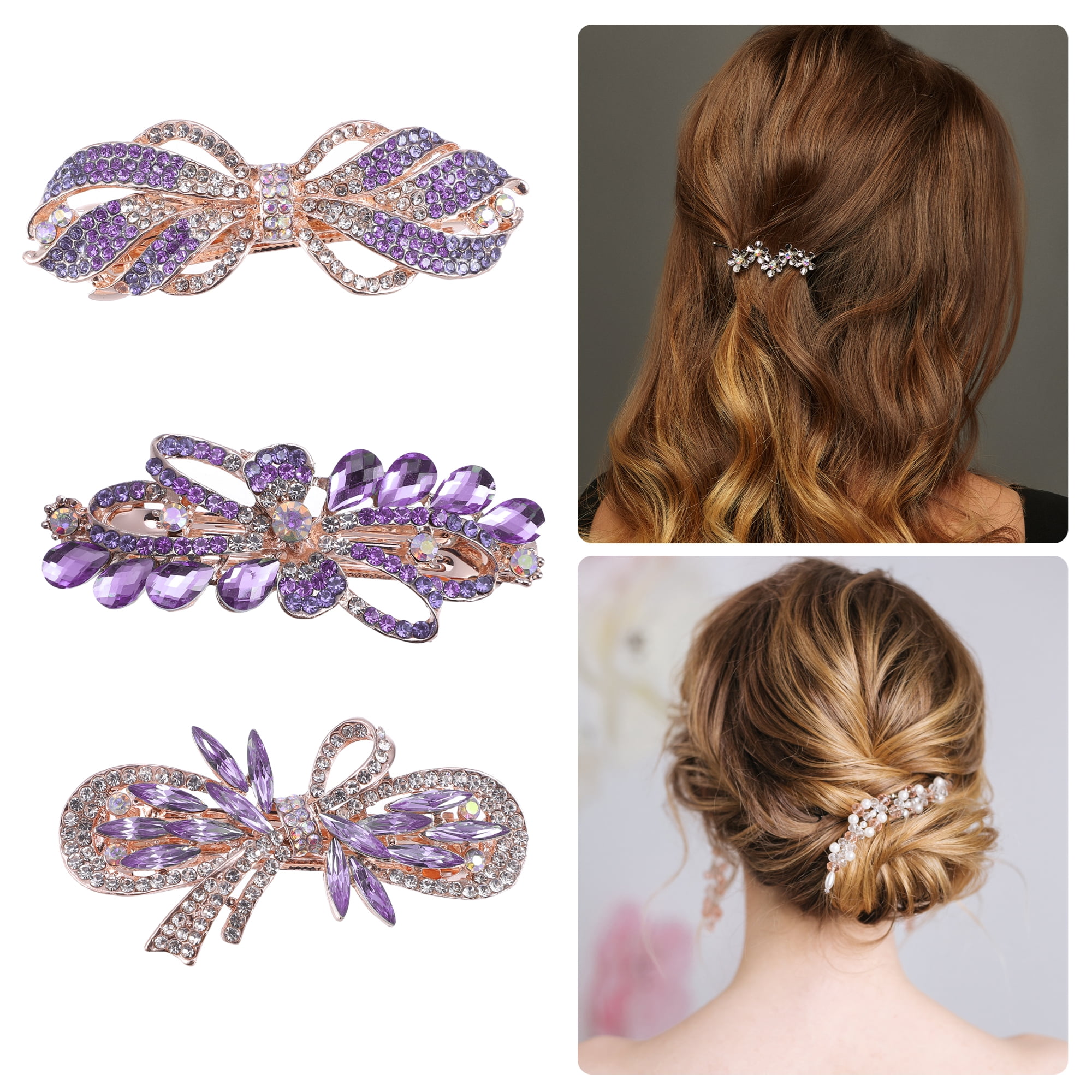 3 Pcs Hair Barrettes Hair Accessories for Women Sparkly Glitter Rhinestones Hair Clips Purple