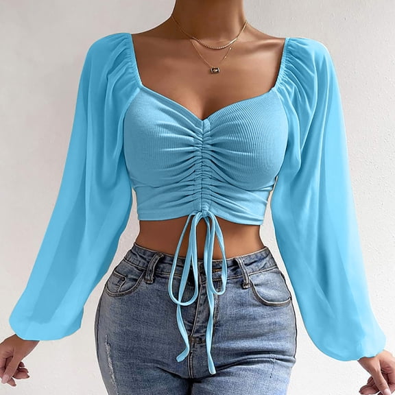 Frostluinai Long Sleeve Mesh Shirts Womens V Neck Tie Front Crop Tops Solid Color Y2K T Shirts Slim Fit Party Blouses Comzy Summer Tees